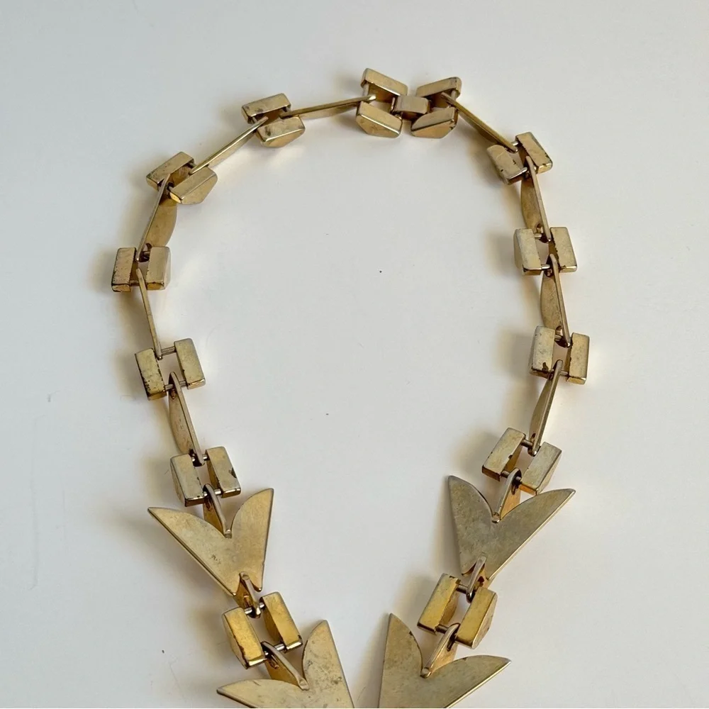 Vintage Modernist Necklace Gold Tone Retro Geometric 60s Collar Bib Runway Piece